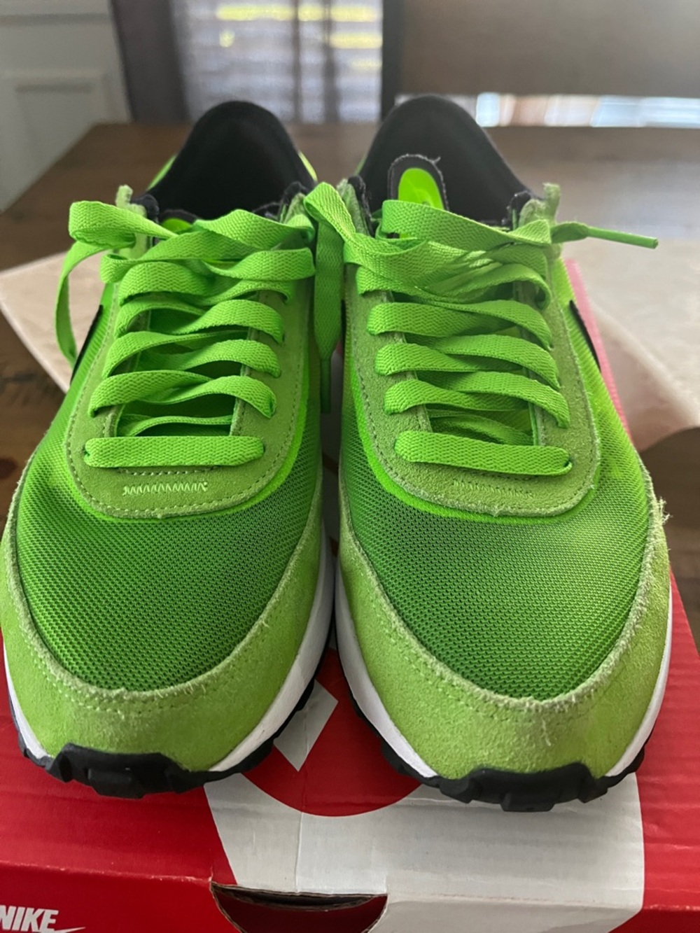 Nike Waffle One Kids Neon Green Low-Top Sneakers with Black Swoosh